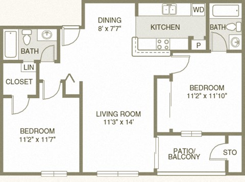 Floor plan for 2 beds, 2 baths, 925 sqft